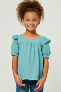 Girls Textured Knit Ruffle Square Neck Short Sleeve Top - Turquoise - Main & Monroe