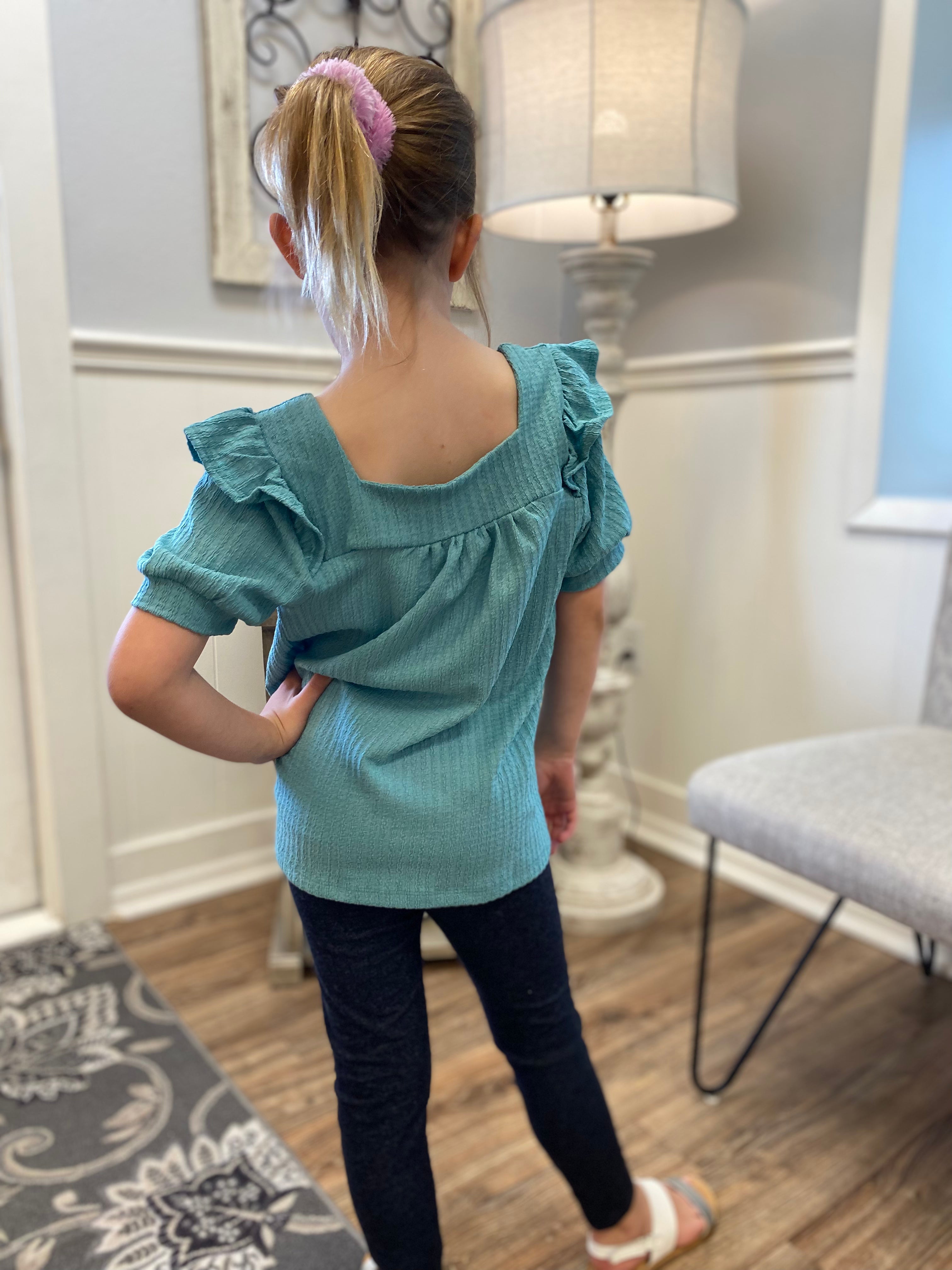 Girls Textured Knit Ruffle Square Neck Short Sleeve Top - Turquoise