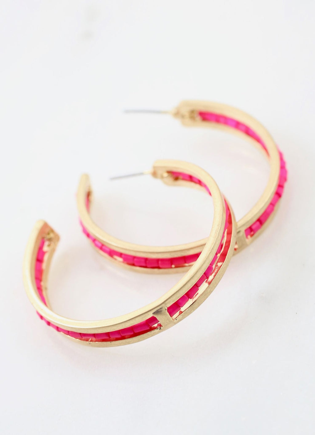 Mabel Hoop Earring with Beaded Accent - Hot Pink - Main & Monroe